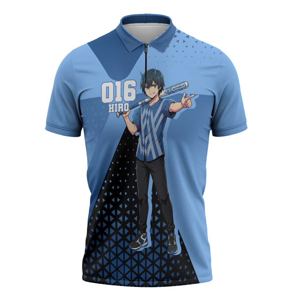 Hiro Zipper Polo Shirt Geometric Blue Baseball Anime Style