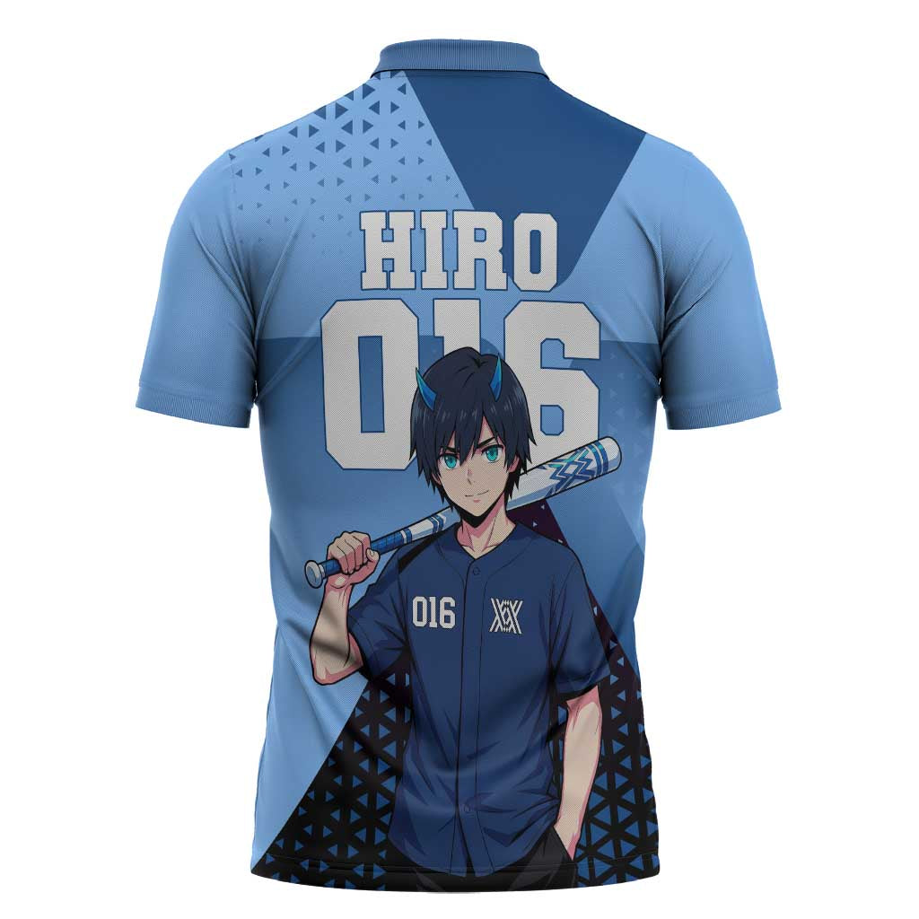 Hiro Zipper Polo Shirt Geometric Blue Baseball Anime Style
