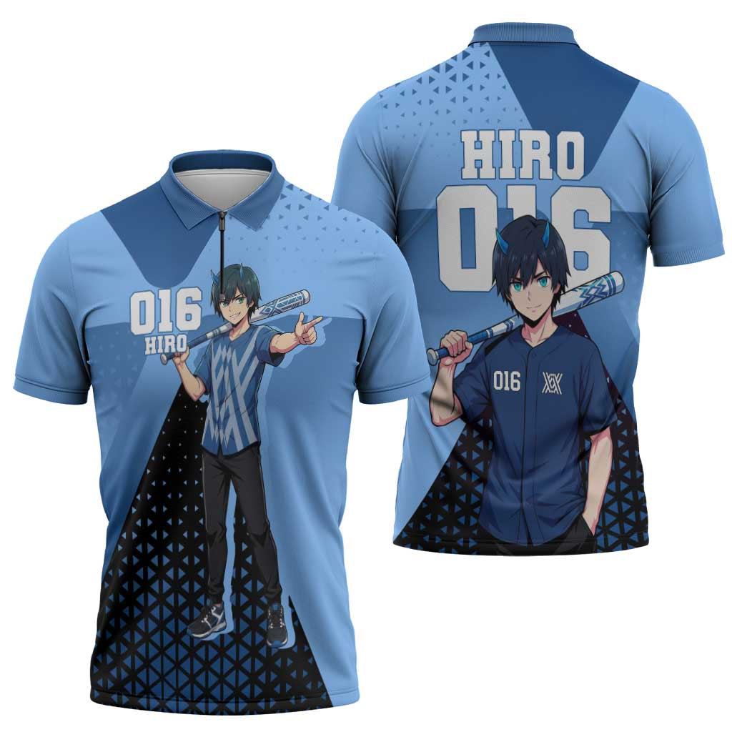 Hiro Zipper Polo Shirt Geometric Blue Baseball Anime Style