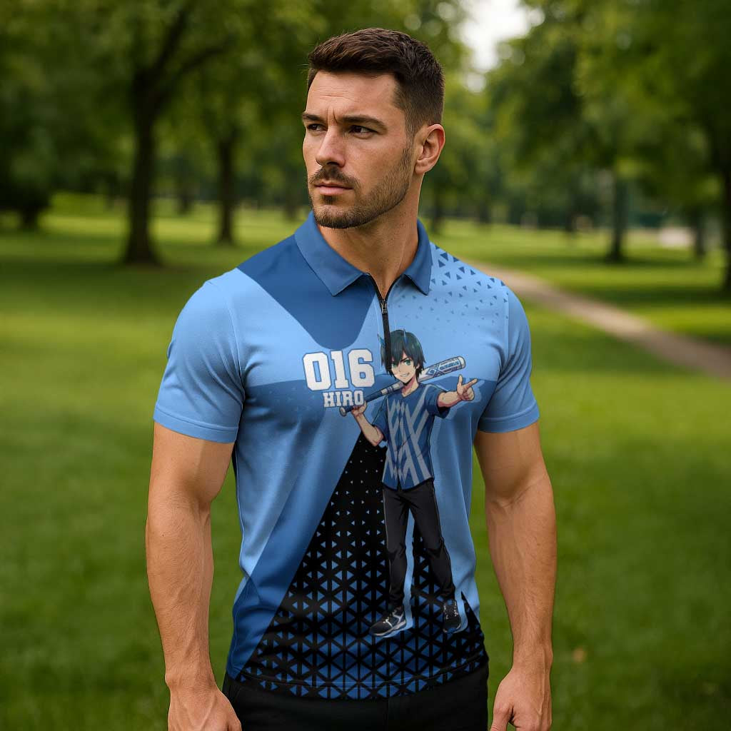 Hiro Zipper Polo Shirt Geometric Blue Baseball Anime Style