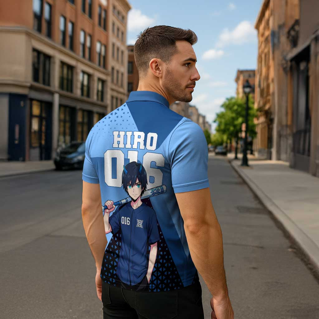 Hiro Zipper Polo Shirt Geometric Blue Baseball Anime Style