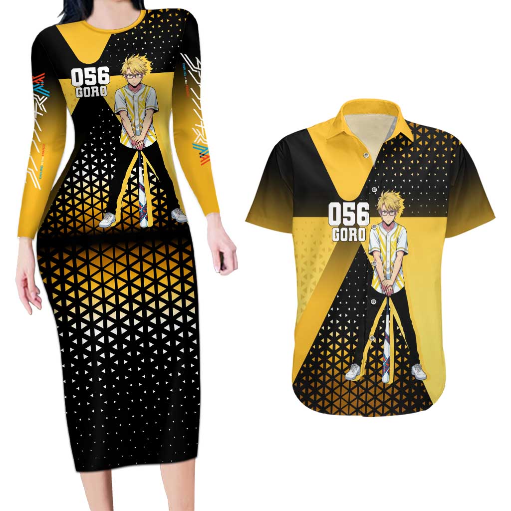 Goro Couples Matching Long Sleeve Bodycon Dress and Hawaiian Shirt Yellow Black Baseball Anime Crossover