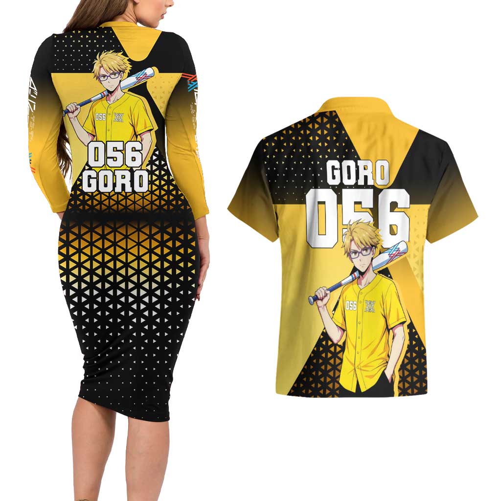 Goro Couples Matching Long Sleeve Bodycon Dress and Hawaiian Shirt Yellow Black Baseball Anime Crossover