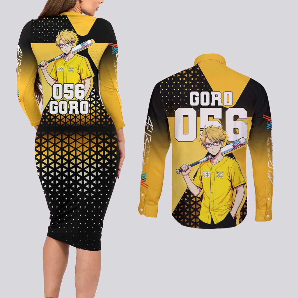 Goro Couples Matching Long Sleeve Bodycon Dress and Long Sleeve Button Shirt Yellow Black Baseball Anime Crossover