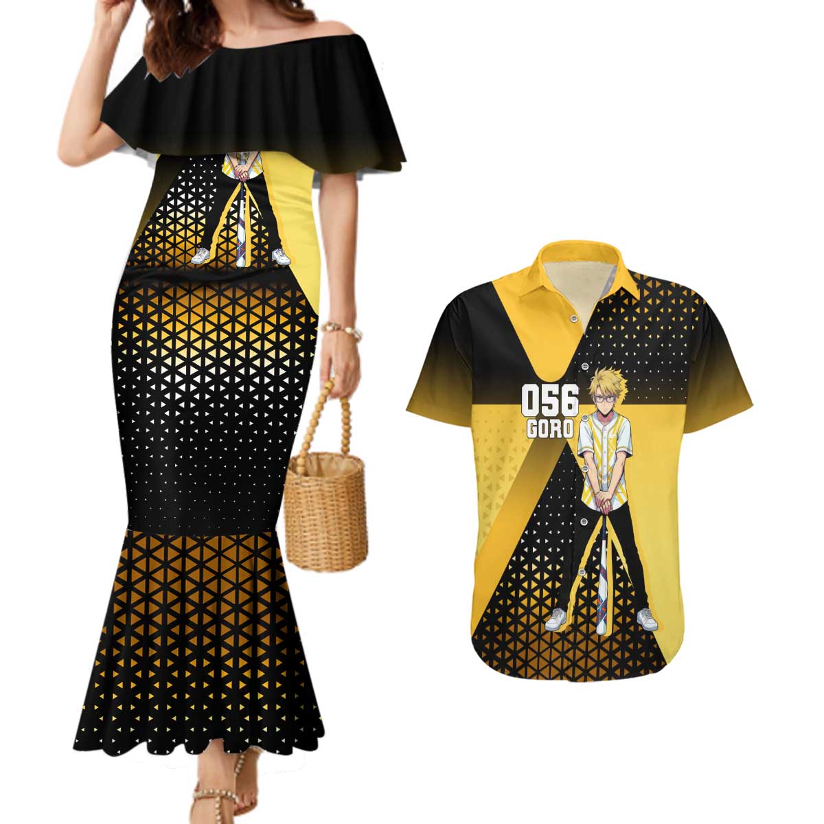 Goro Couples Matching Mermaid Dress and Hawaiian Shirt Yellow Black Baseball Anime Crossover