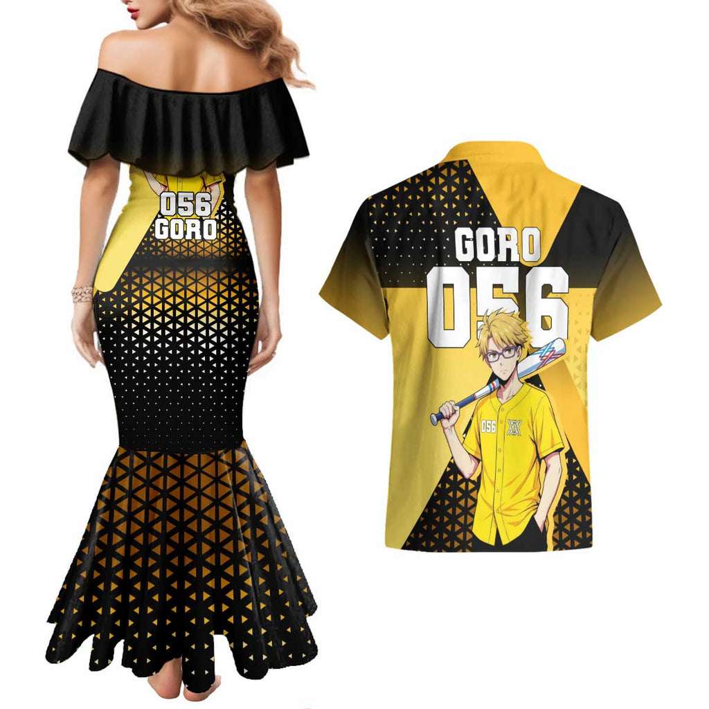 Goro Couples Matching Mermaid Dress and Hawaiian Shirt Yellow Black Baseball Anime Crossover