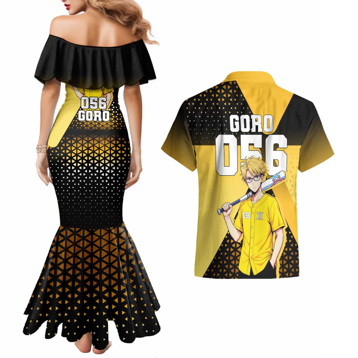 Goro Couples Matching Mermaid Dress and Hawaiian Shirt Yellow Black Baseball Anime Crossover