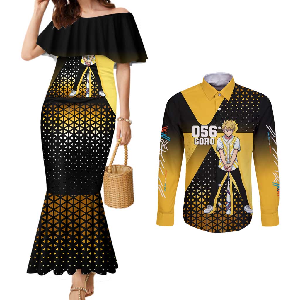 Goro Couples Matching Mermaid Dress and Long Sleeve Button Shirt Yellow Black Baseball Anime Crossover