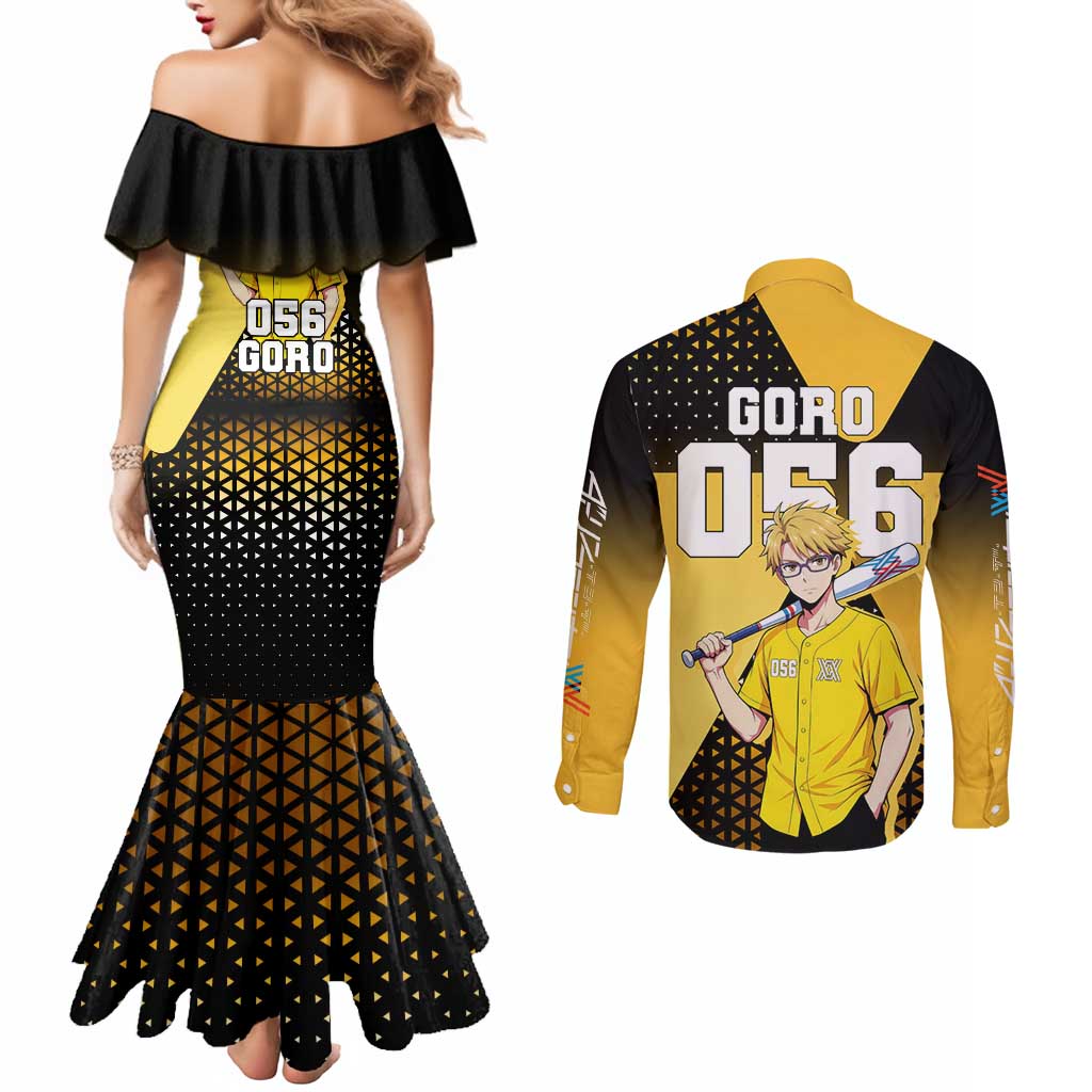 Goro Couples Matching Mermaid Dress and Long Sleeve Button Shirt Yellow Black Baseball Anime Crossover