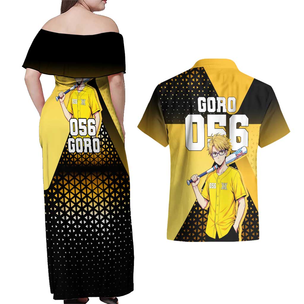 Goro Couples Matching Off Shoulder Maxi Dress and Hawaiian Shirt Yellow Black Baseball Anime Crossover