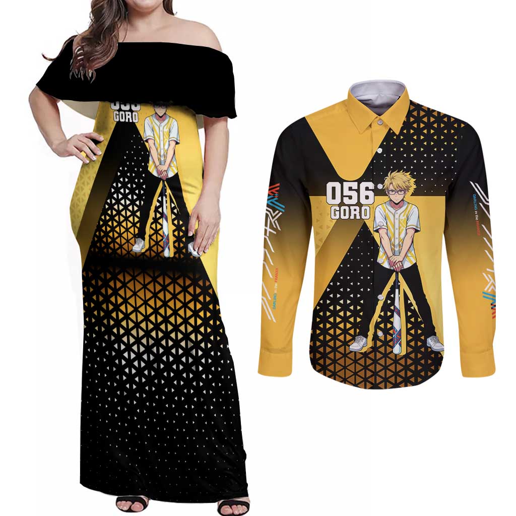 Goro Couples Matching Off Shoulder Maxi Dress and Long Sleeve Button Shirt Yellow Black Baseball Anime Crossover