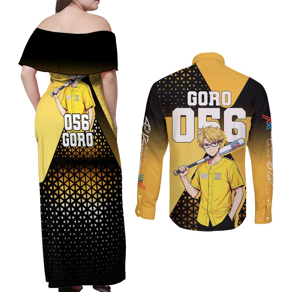 Goro Couples Matching Off Shoulder Maxi Dress and Long Sleeve Button Shirt Yellow Black Baseball Anime Crossover