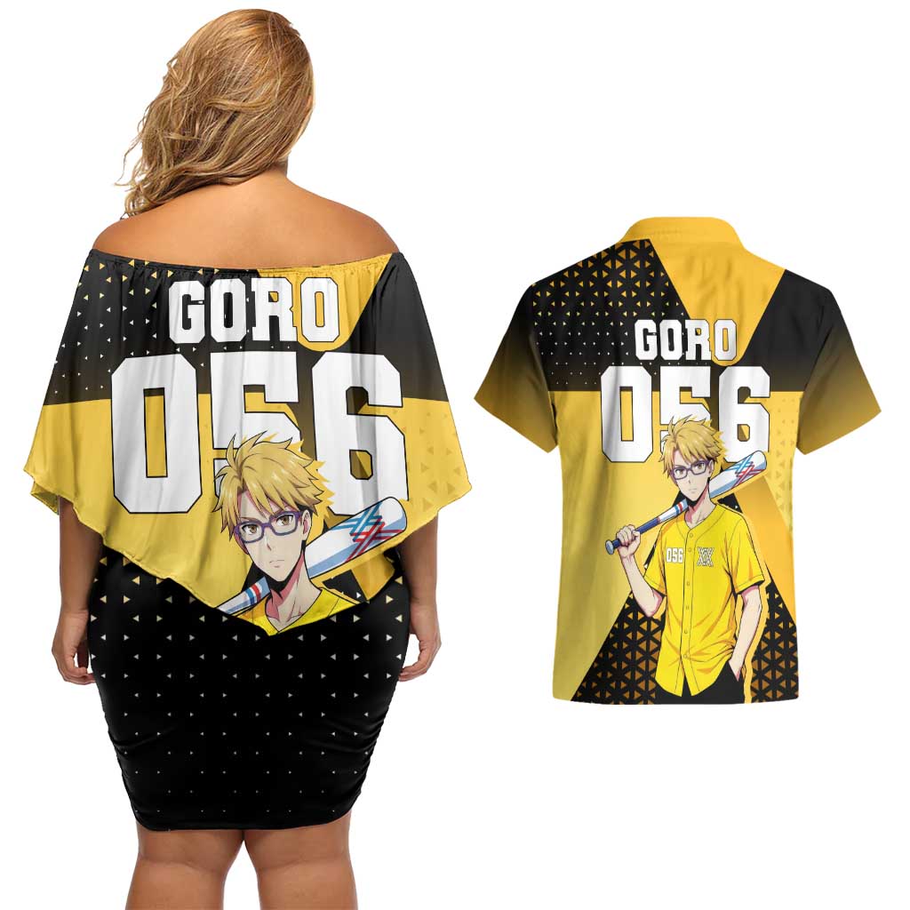 Goro Couples Matching Off Shoulder Short Dress and Hawaiian Shirt Yellow Black Baseball Anime Crossover
