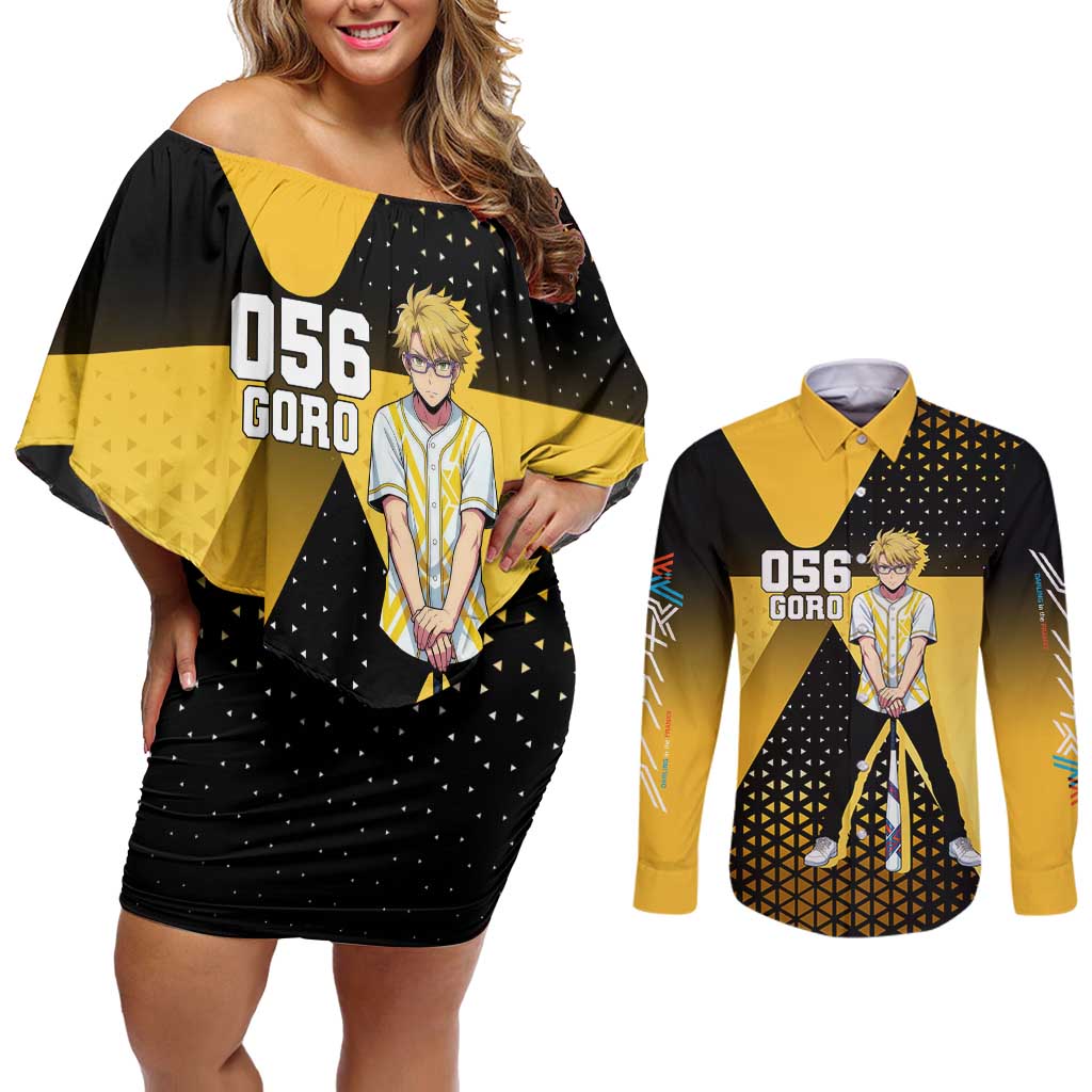 Goro Couples Matching Off Shoulder Short Dress and Long Sleeve Button Shirt Yellow Black Baseball Anime Crossover