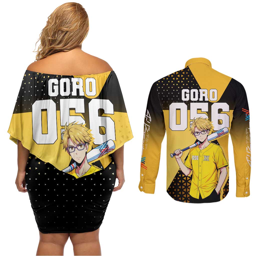Goro Couples Matching Off Shoulder Short Dress and Long Sleeve Button Shirt Yellow Black Baseball Anime Crossover