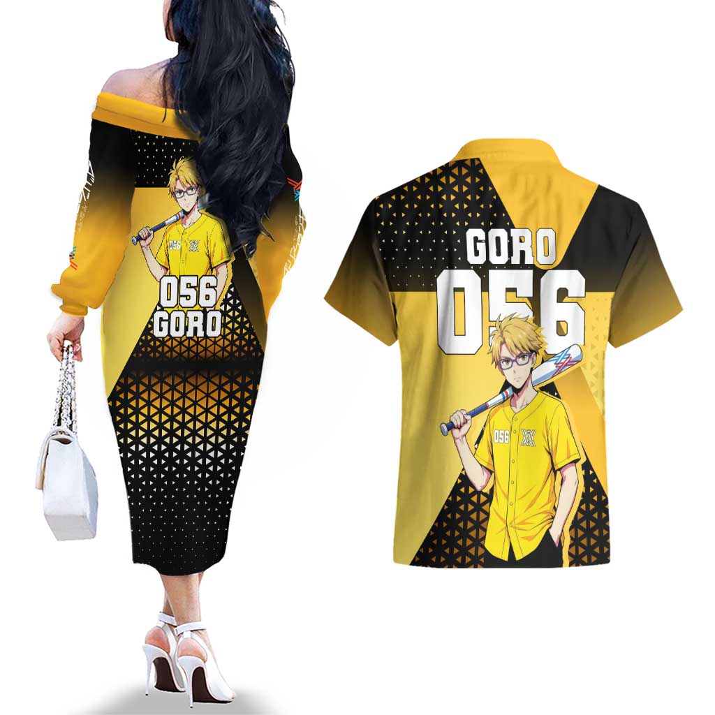 Goro Couples Matching Off The Shoulder Long Sleeve Dress and Hawaiian Shirt Yellow Black Baseball Anime Crossover
