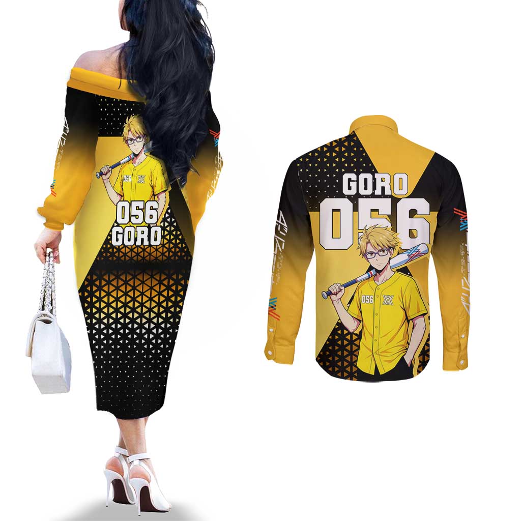 Goro Couples Matching Off The Shoulder Long Sleeve Dress and Long Sleeve Button Shirt Yellow Black Baseball Anime Crossover