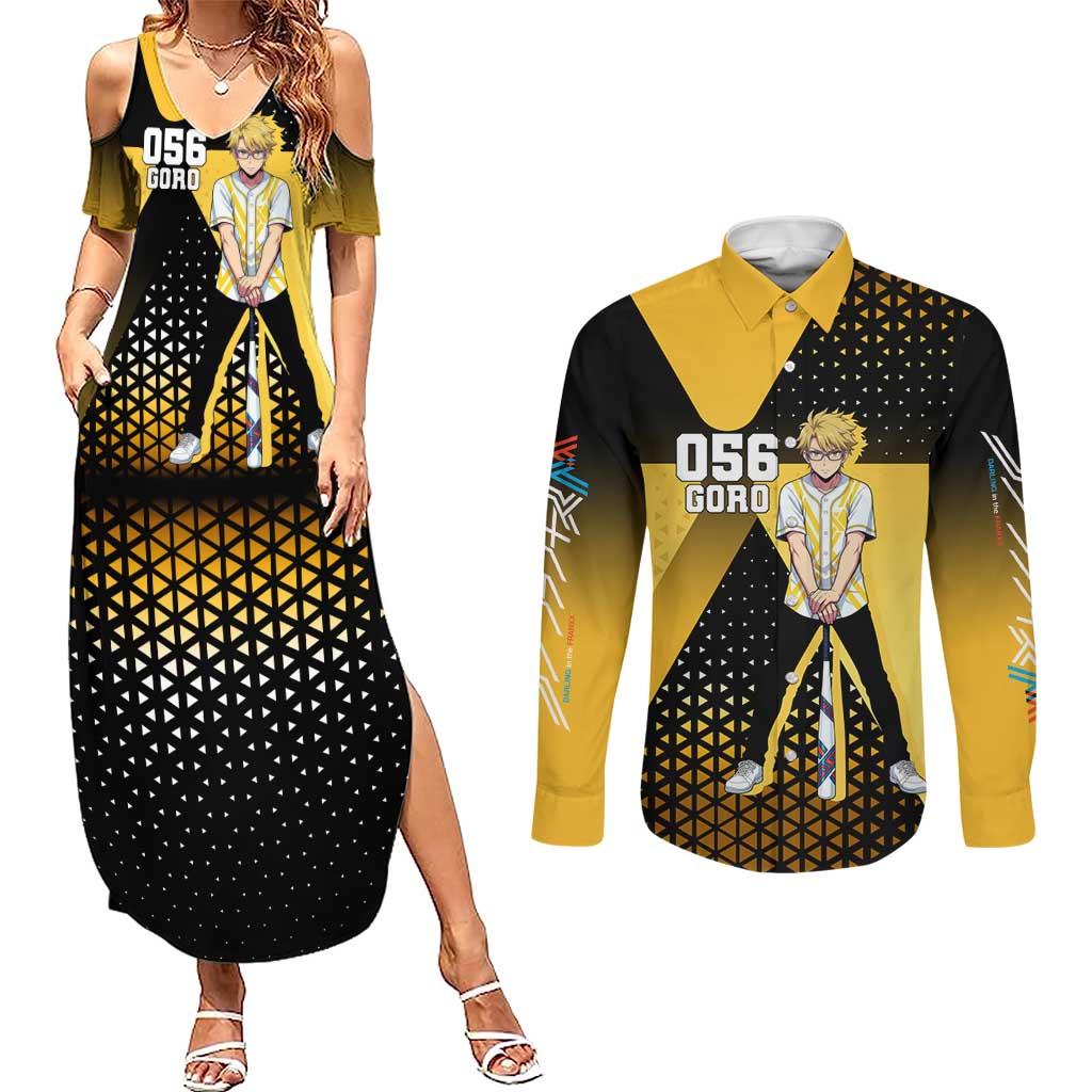 Goro Couples Matching Summer Maxi Dress and Long Sleeve Button Shirt Yellow Black Baseball Anime Crossover