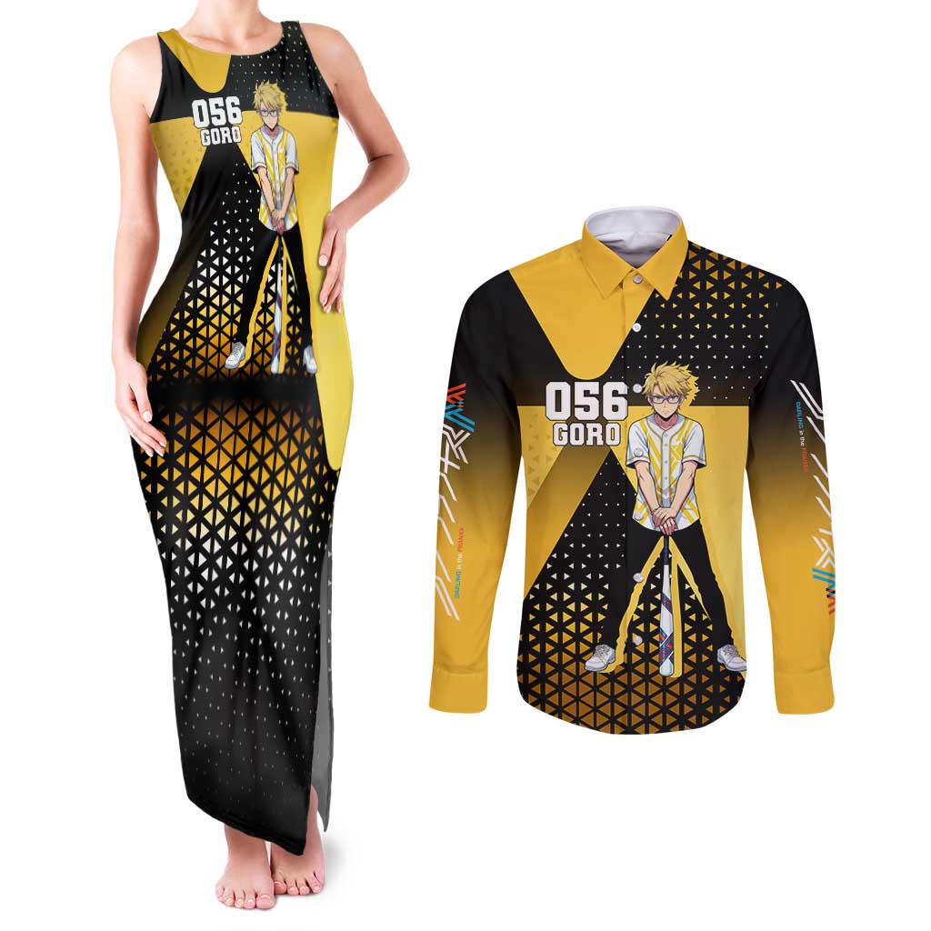 Goro Couples Matching Tank Maxi Dress and Long Sleeve Button Shirt Yellow Black Baseball Anime Crossover