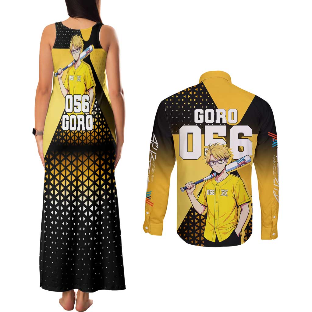 Goro Couples Matching Tank Maxi Dress and Long Sleeve Button Shirt Yellow Black Baseball Anime Crossover