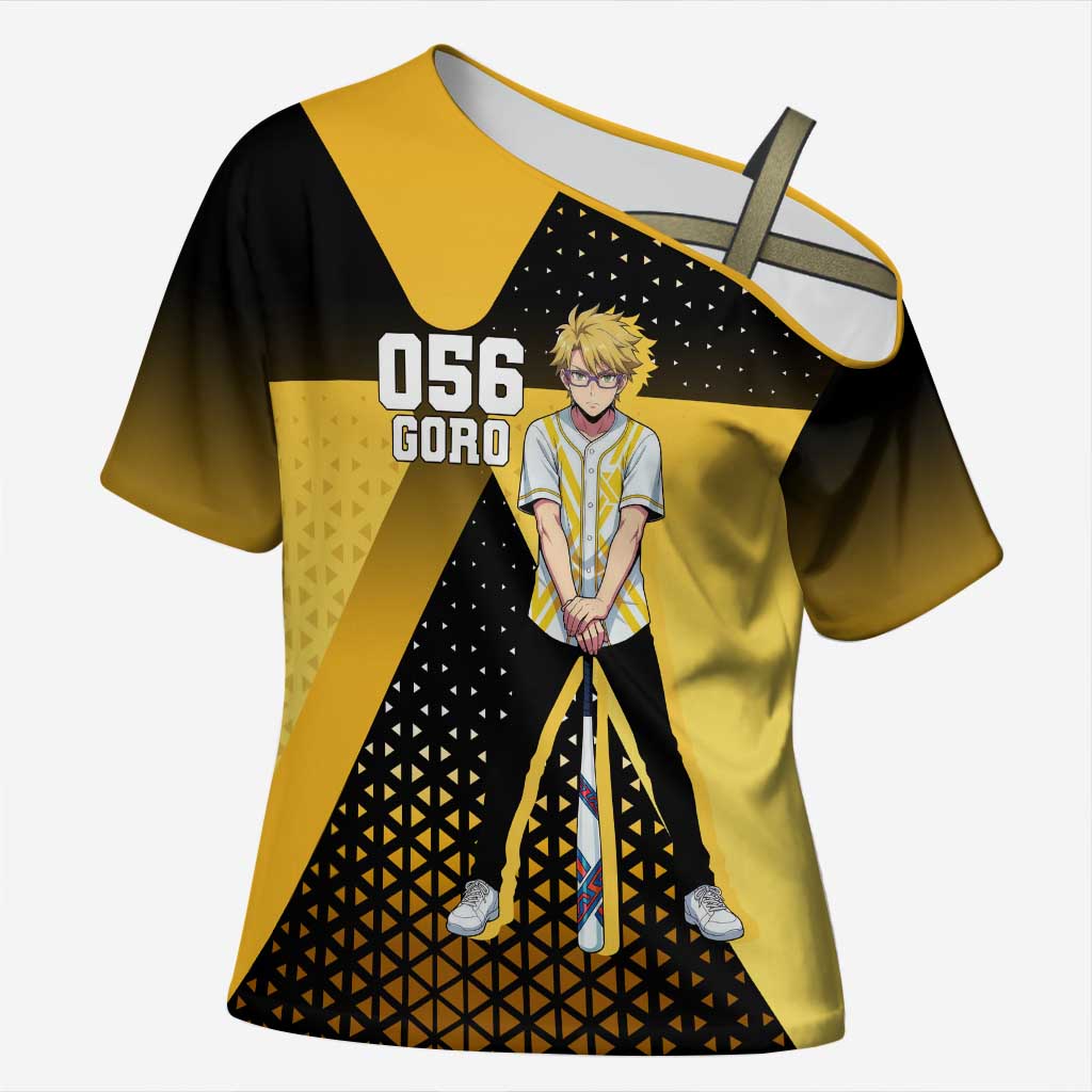 Goro Cross Shoulder Shirt Yellow Black Baseball Anime Crossover
