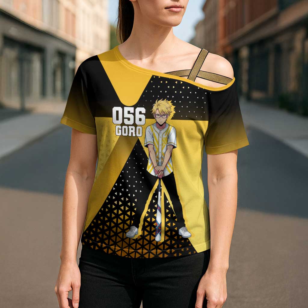 Goro Cross Shoulder Shirt Yellow Black Baseball Anime Crossover