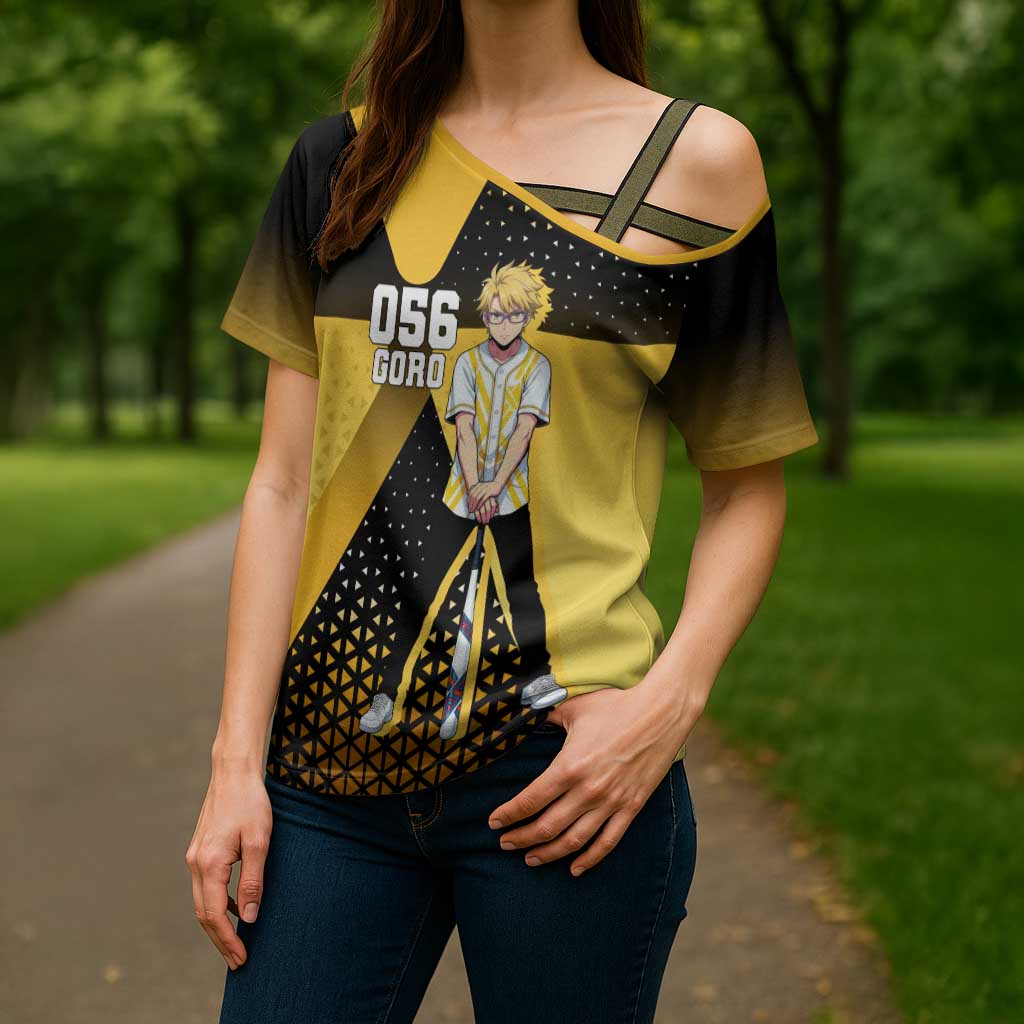 Goro Cross Shoulder Shirt Yellow Black Baseball Anime Crossover