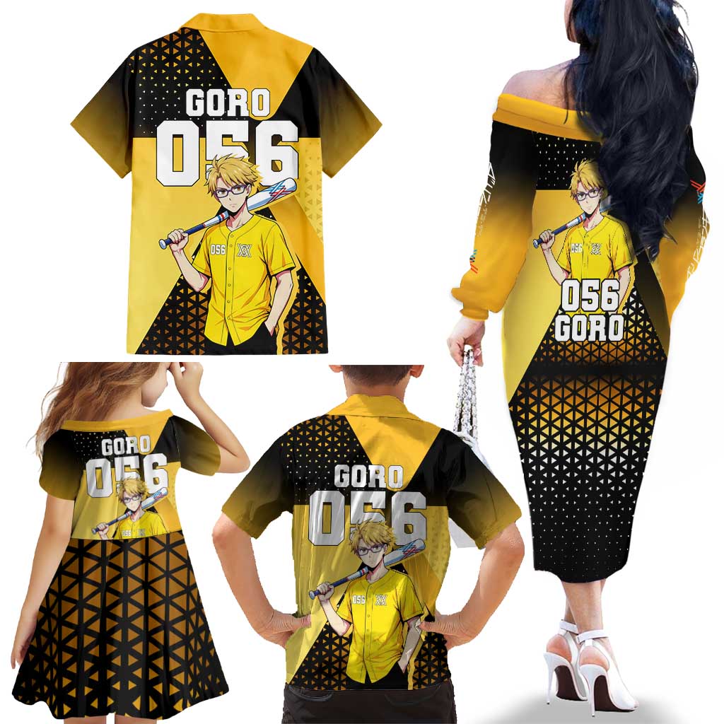 Goro Family Matching Off The Shoulder Long Sleeve Dress and Hawaiian Shirt Yellow Black Baseball Anime Crossover