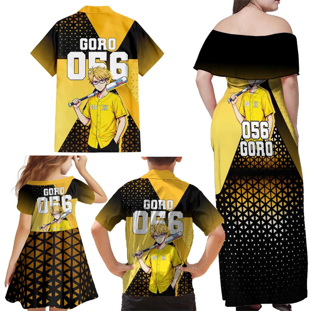 Goro Family Matching Off Shoulder Maxi Dress and Hawaiian Shirt Yellow Black Baseball Anime Crossover