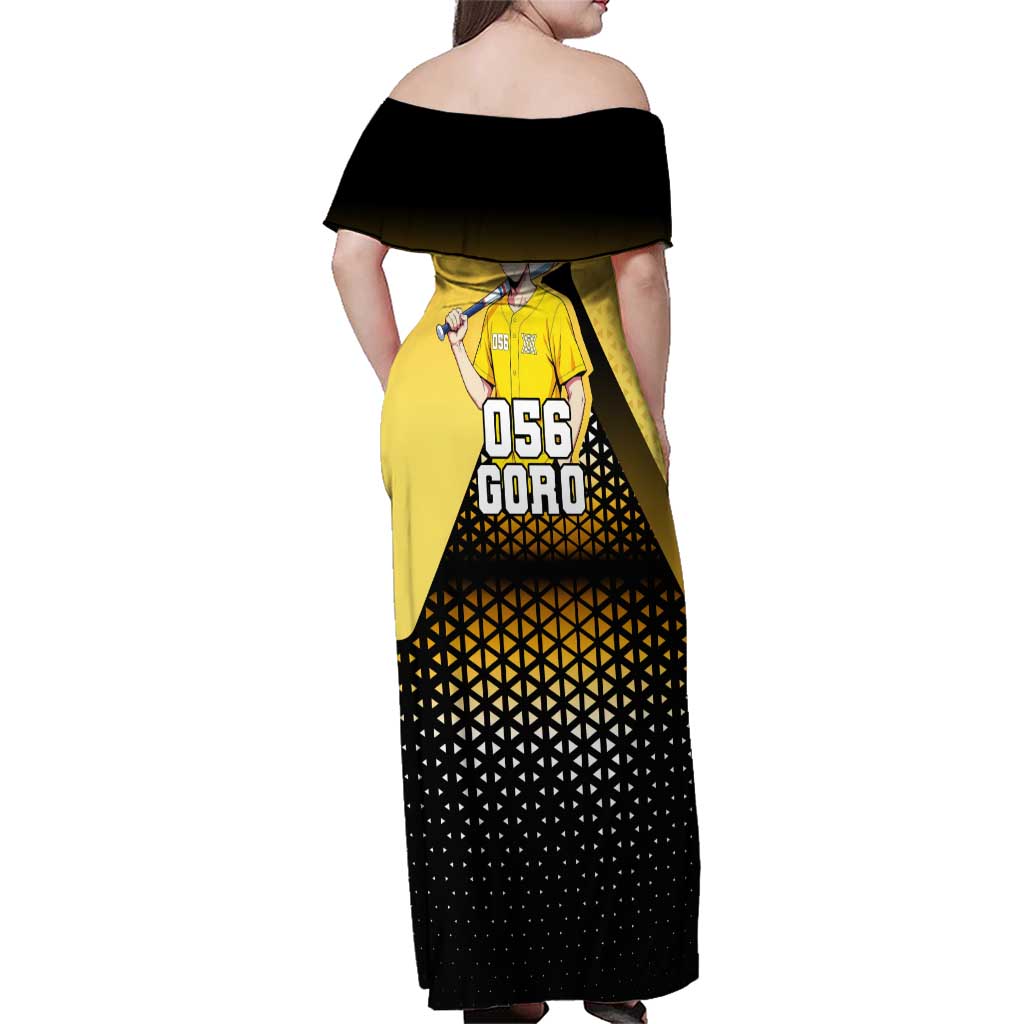 Goro Family Matching Off Shoulder Maxi Dress and Hawaiian Shirt Yellow Black Baseball Anime Crossover