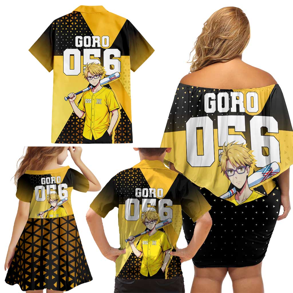 Goro Family Matching Off Shoulder Short Dress and Hawaiian Shirt Yellow Black Baseball Anime Crossover