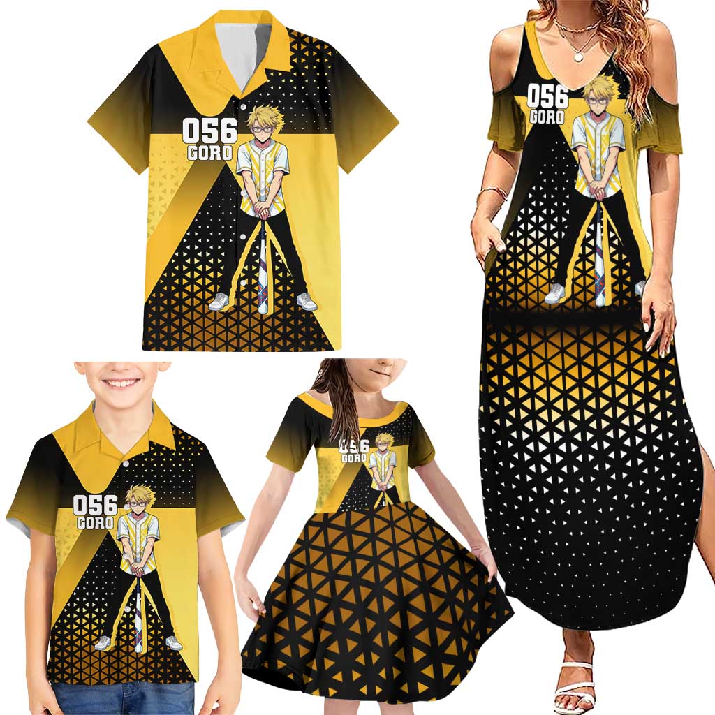 Goro Family Matching Summer Maxi Dress and Hawaiian Shirt Yellow Black Baseball Anime Crossover