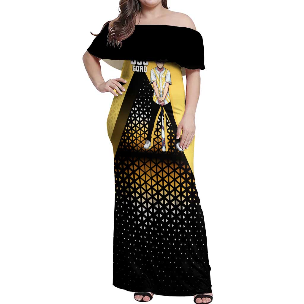 Goro Off Shoulder Maxi Dress Yellow Black Baseball Anime Crossover