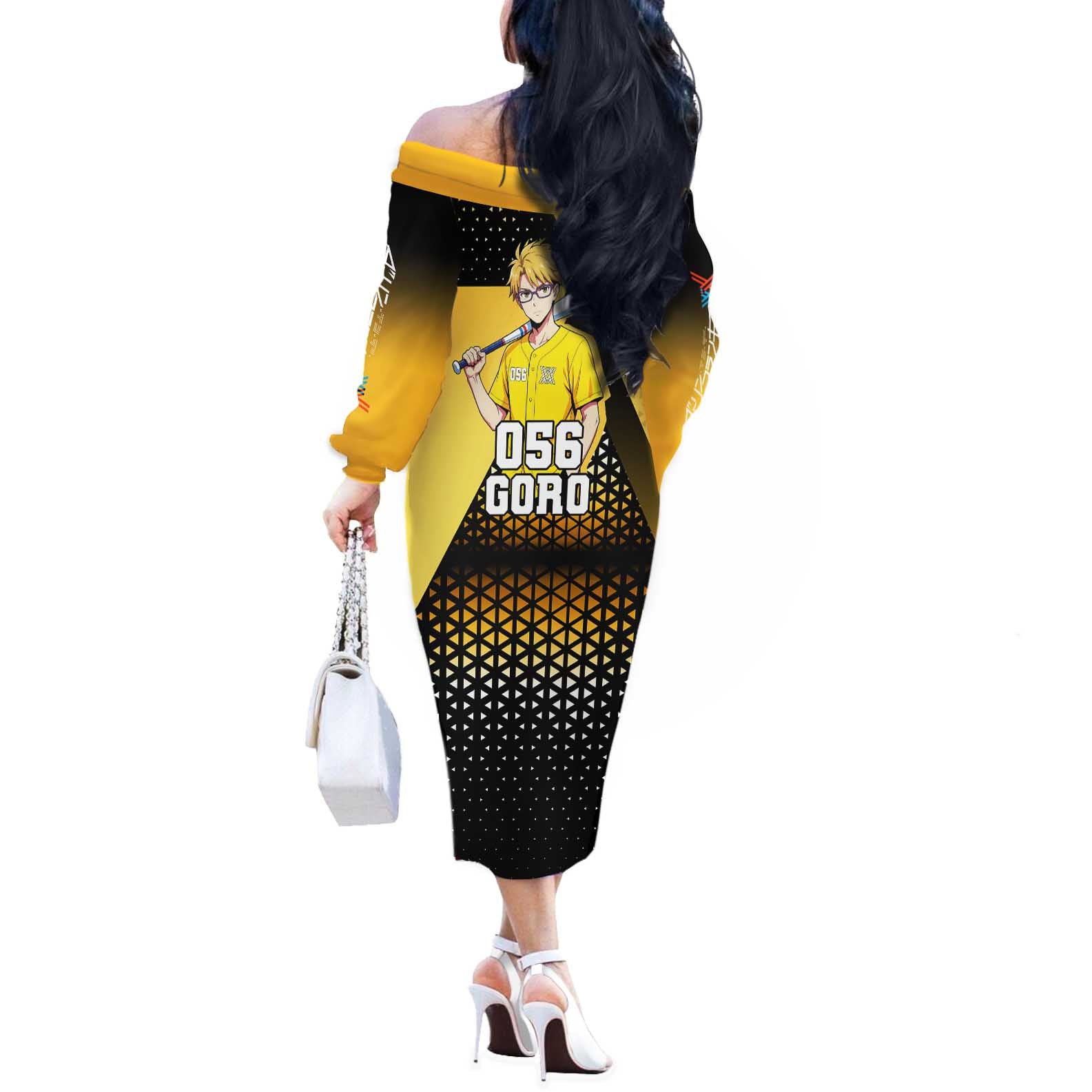 Goro Off The Shoulder Long Sleeve Dress Yellow Black Baseball Anime Crossover