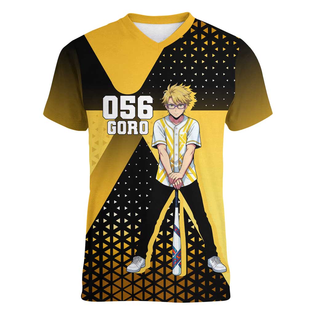 Goro Women V-Neck T-Shirt Yellow Black Baseball Anime Crossover
