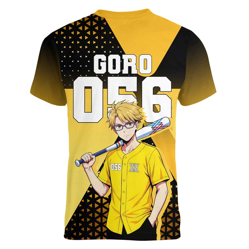 Goro Women V-Neck T-Shirt Yellow Black Baseball Anime Crossover
