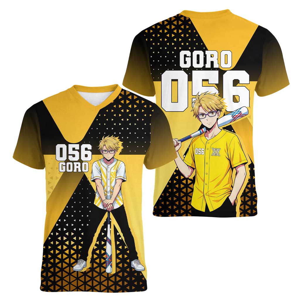 Goro Women V-Neck T-Shirt Yellow Black Baseball Anime Crossover