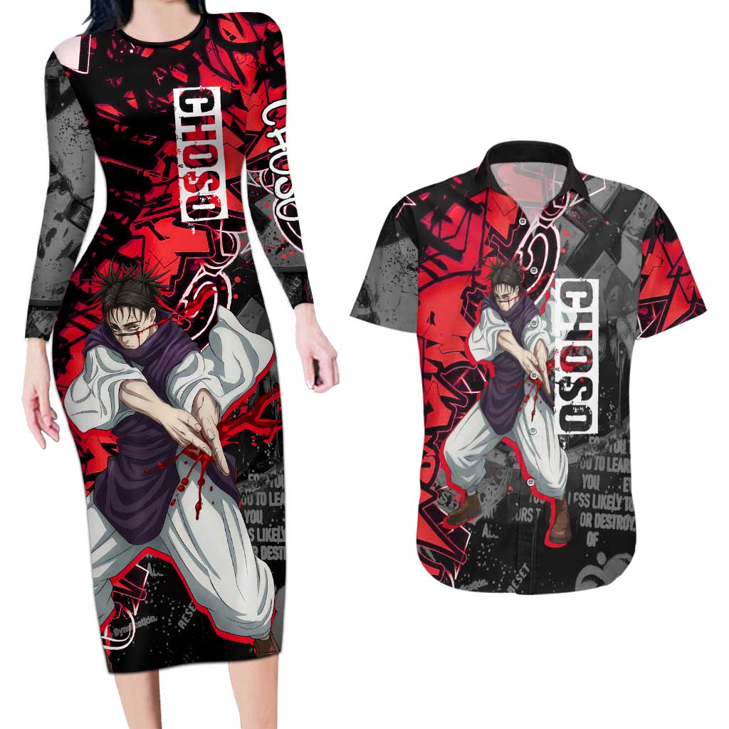 Choso Jujutsu Kaisen Couples Matching Long Sleeve Bodycon Dress and Hawaiian Shirt Urban Graffiti Street Art Style