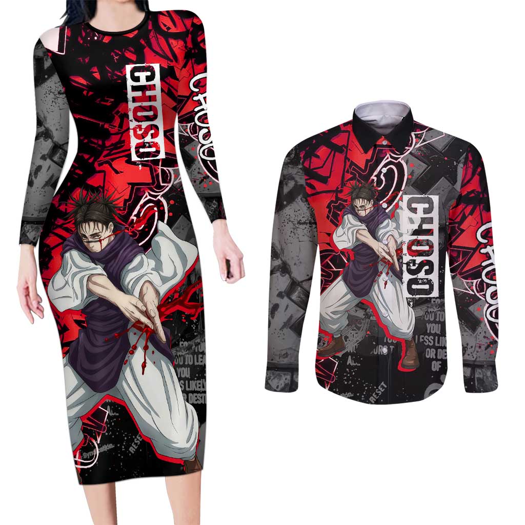Choso Jujutsu Kaisen Couples Matching Long Sleeve Bodycon Dress and Long Sleeve Button Shirt Urban Graffiti Street Art Style