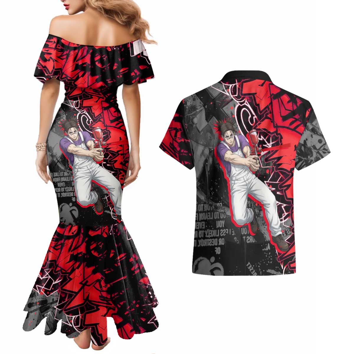 Choso Jujutsu Kaisen Couples Matching Mermaid Dress and Hawaiian Shirt Urban Graffiti Street Art Style