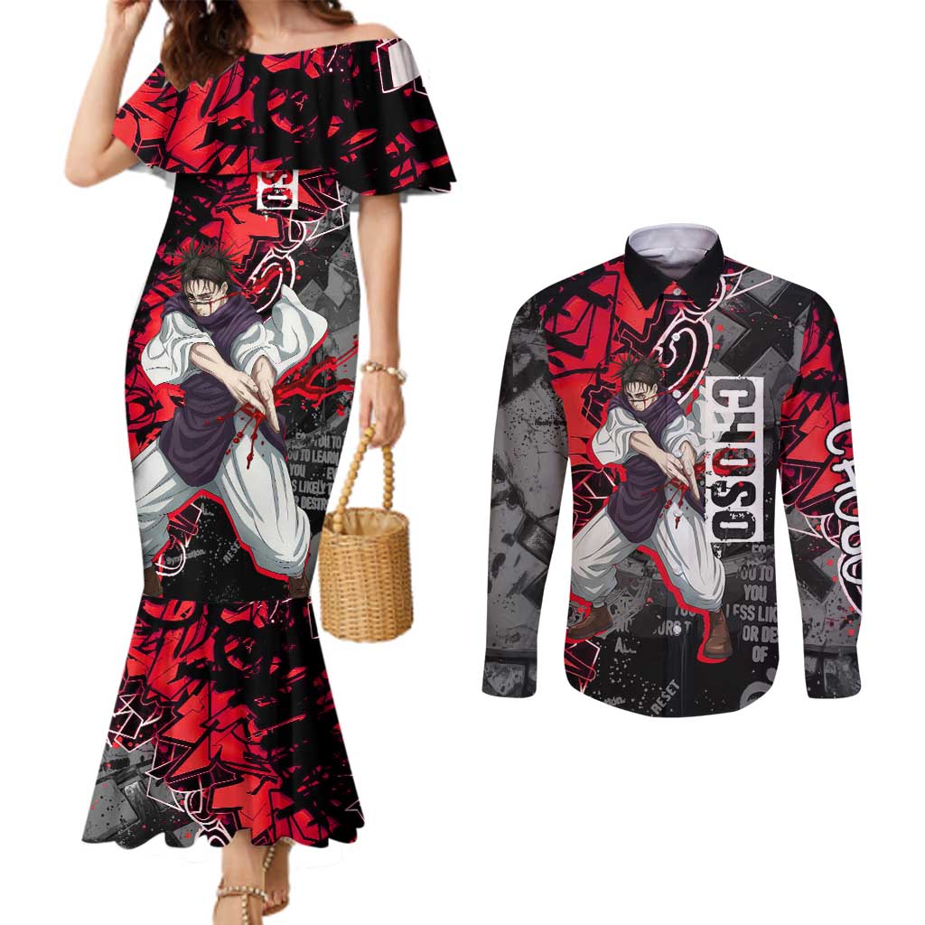 Choso Jujutsu Kaisen Couples Matching Mermaid Dress and Long Sleeve Button Shirt Urban Graffiti Street Art Style