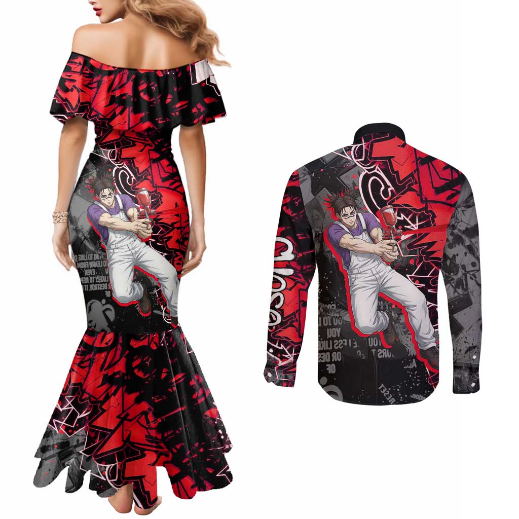 Choso Jujutsu Kaisen Couples Matching Mermaid Dress and Long Sleeve Button Shirt Urban Graffiti Street Art Style
