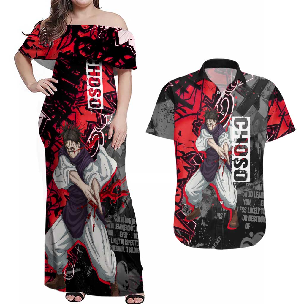 Choso Jujutsu Kaisen Couples Matching Off Shoulder Maxi Dress and Hawaiian Shirt Urban Graffiti Street Art Style
