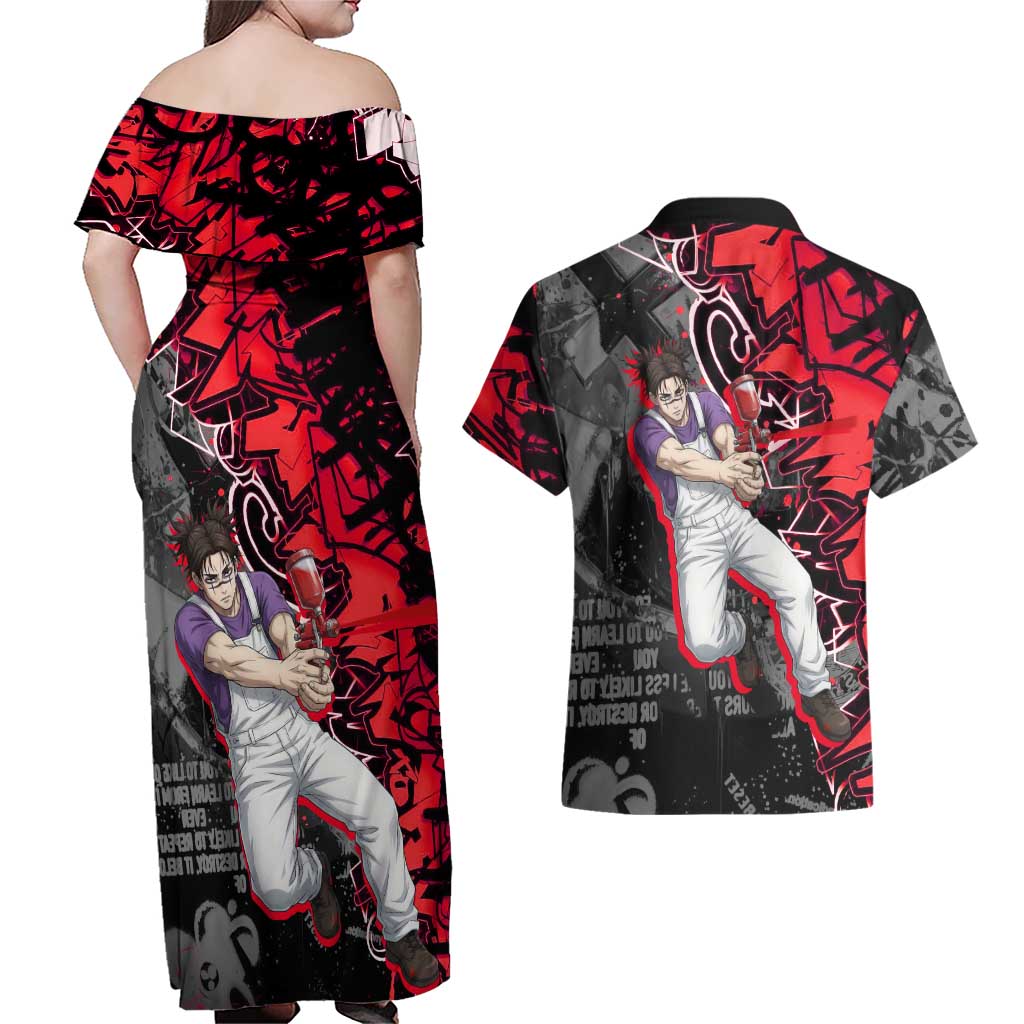 Choso Jujutsu Kaisen Couples Matching Off Shoulder Maxi Dress and Hawaiian Shirt Urban Graffiti Street Art Style