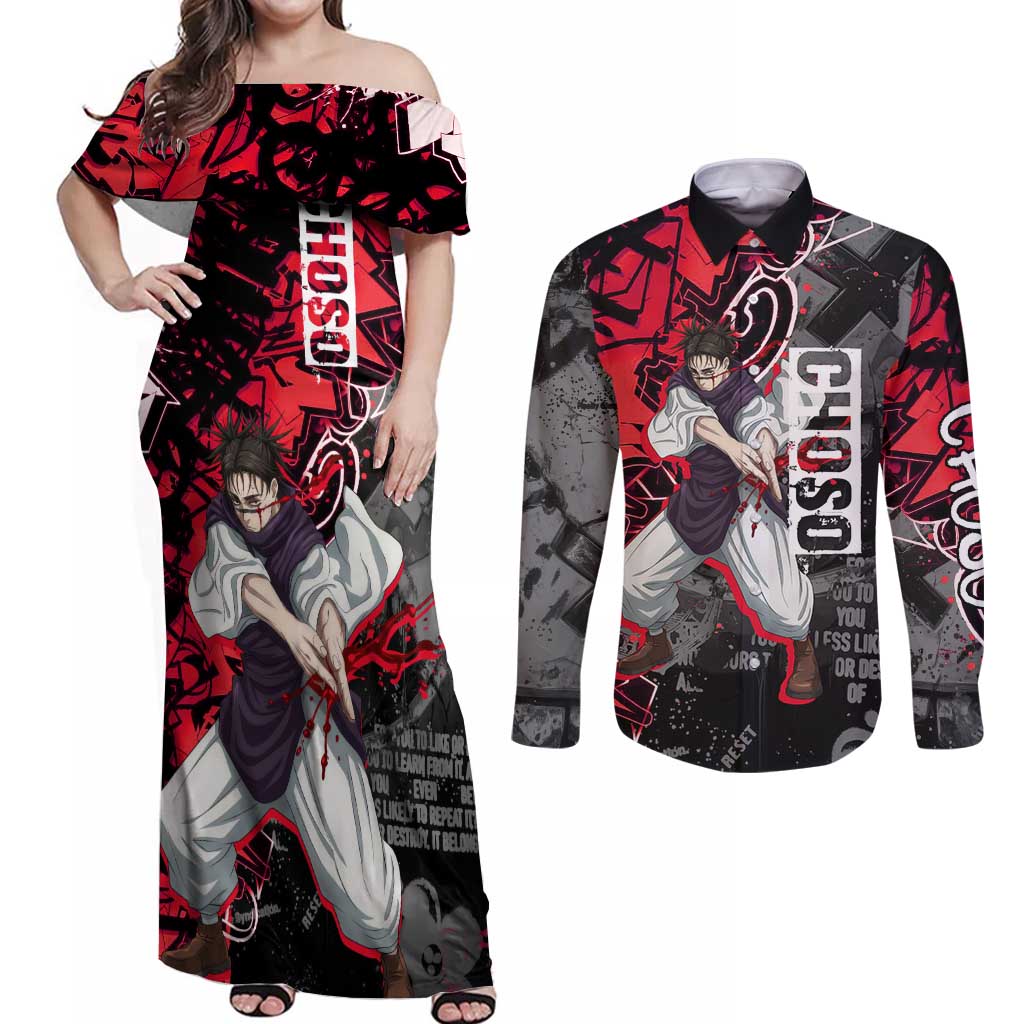 Choso Jujutsu Kaisen Couples Matching Off Shoulder Maxi Dress and Long Sleeve Button Shirt Urban Graffiti Street Art Style