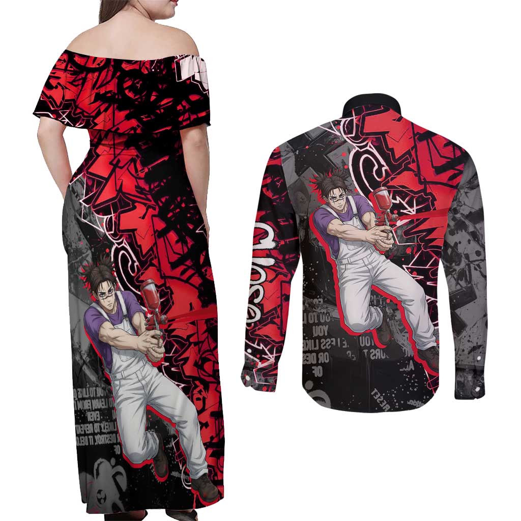 Choso Jujutsu Kaisen Couples Matching Off Shoulder Maxi Dress and Long Sleeve Button Shirt Urban Graffiti Street Art Style