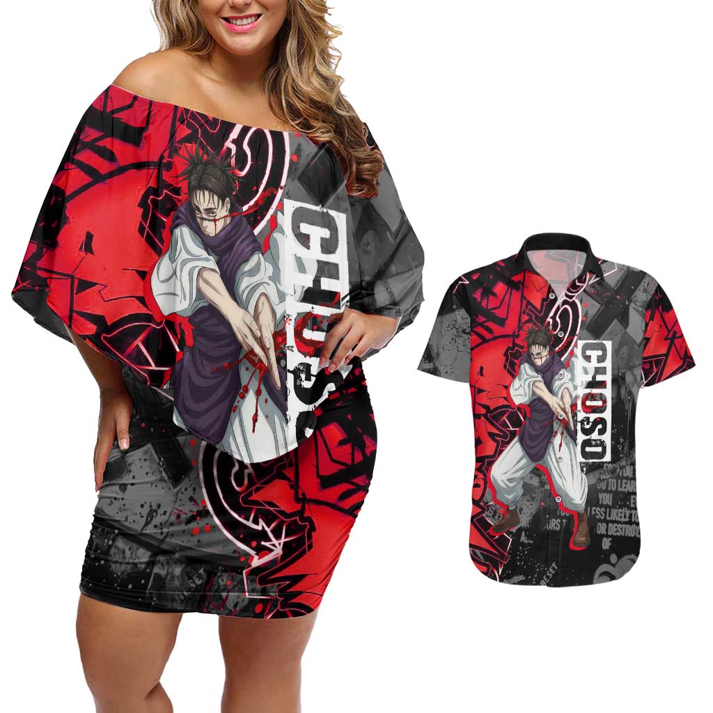 Choso Jujutsu Kaisen Couples Matching Off Shoulder Short Dress and Hawaiian Shirt Urban Graffiti Street Art Style