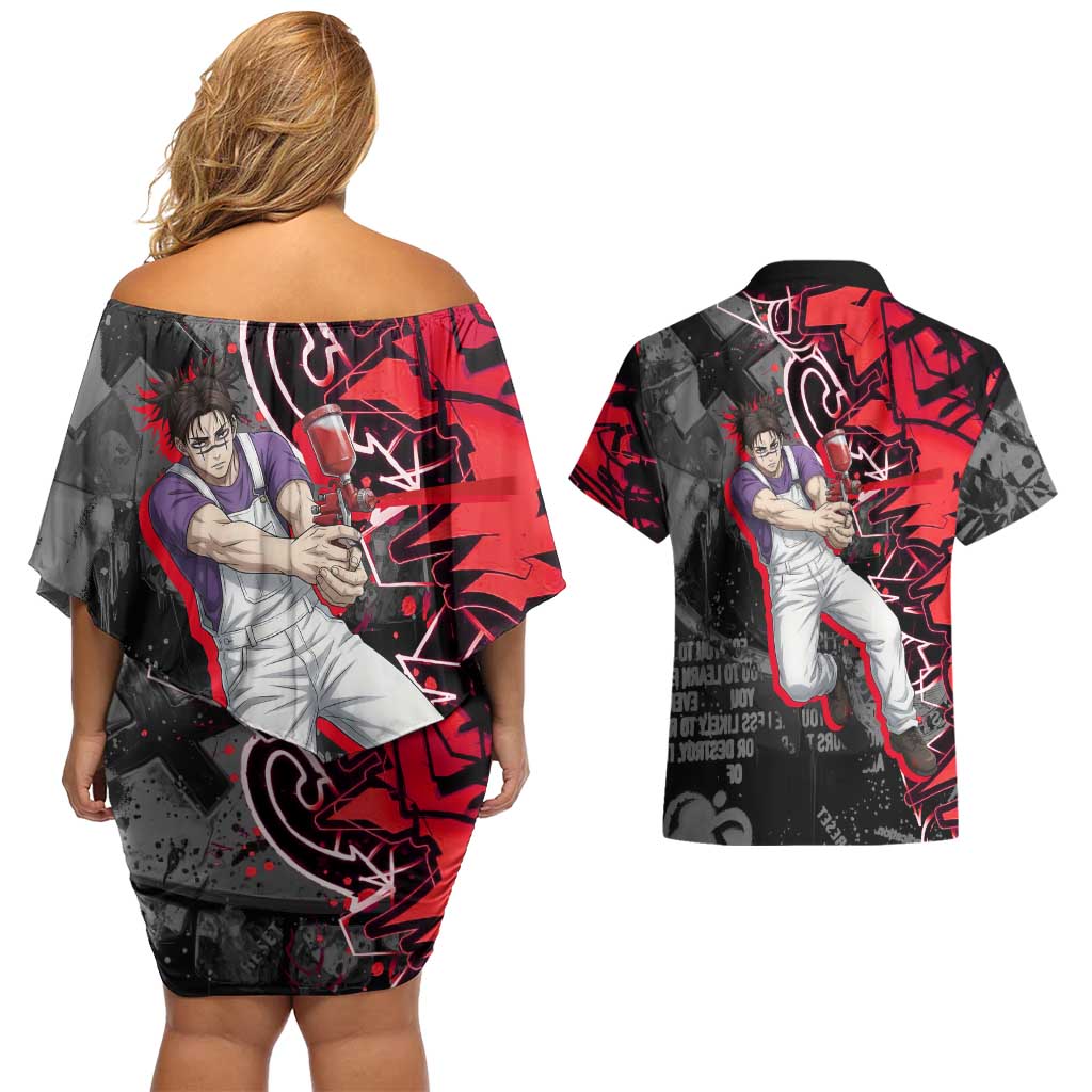 Choso Jujutsu Kaisen Couples Matching Off Shoulder Short Dress and Hawaiian Shirt Urban Graffiti Street Art Style