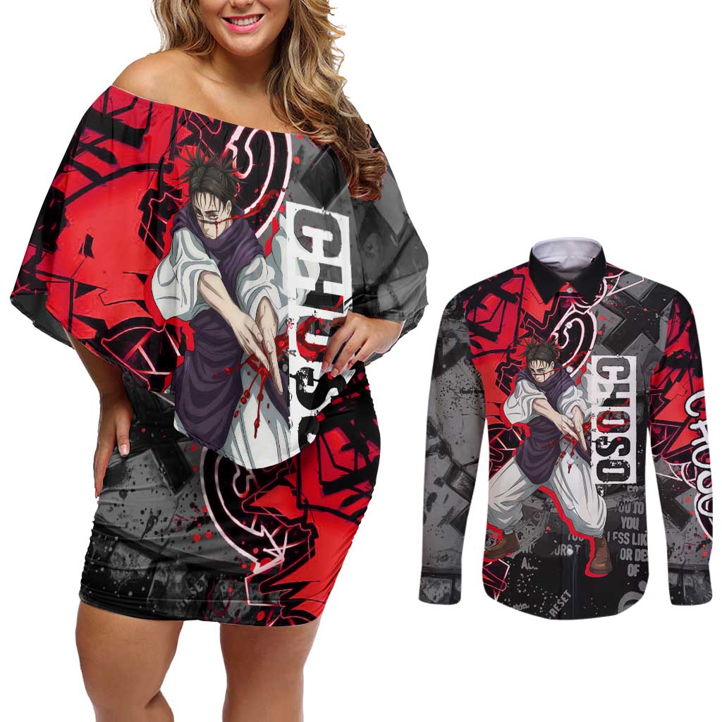 Choso Jujutsu Kaisen Couples Matching Off Shoulder Short Dress and Long Sleeve Button Shirt Urban Graffiti Street Art Style