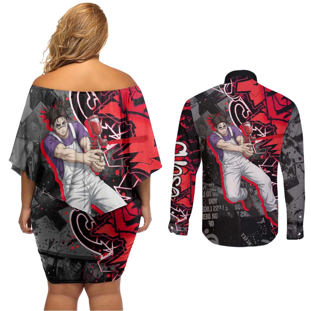 Choso Jujutsu Kaisen Couples Matching Off Shoulder Short Dress and Long Sleeve Button Shirt Urban Graffiti Street Art Style